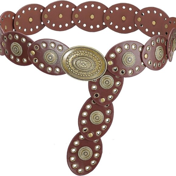 Wide Disc Belt for Women Leather Oval Belt Western Vintage Waist Belts